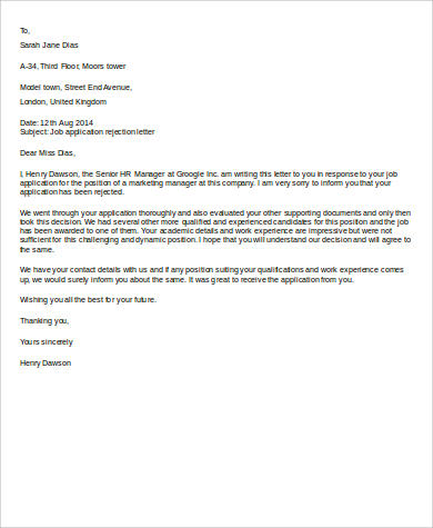 employment application rejection letter template